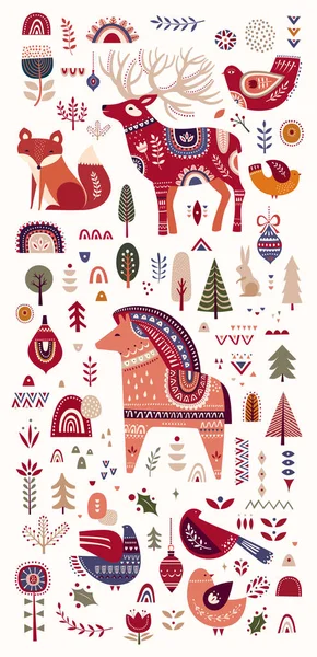 Collection Scandinave Noël Folklorique Avec Cerf Noël — Image vectorielle