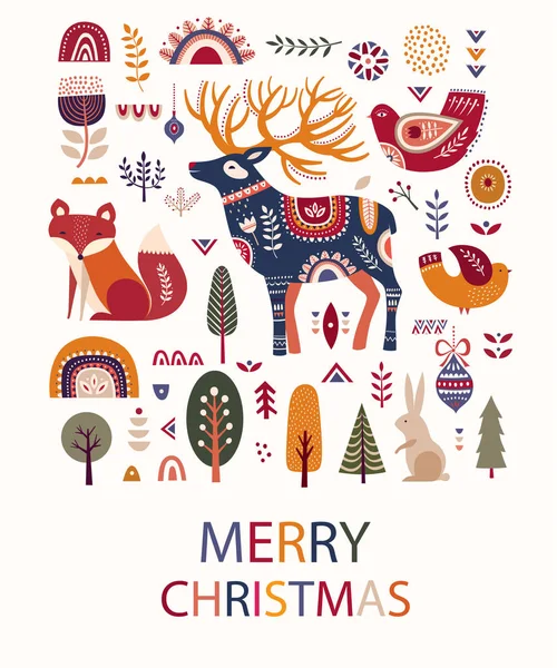北欧クリスマスコレクションとともにクリスマス鹿 — ストックベクタ