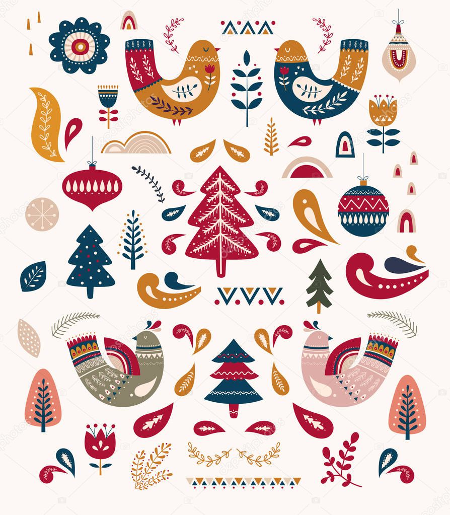 Scandinavian vector Christmas collection with birds and Christmas tree