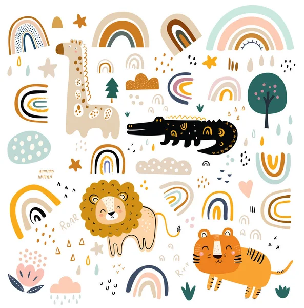 Bebés Ilustração Vetorial Com Animais Arco Íris Ilustração Padrão Bebê — Vetor de Stock