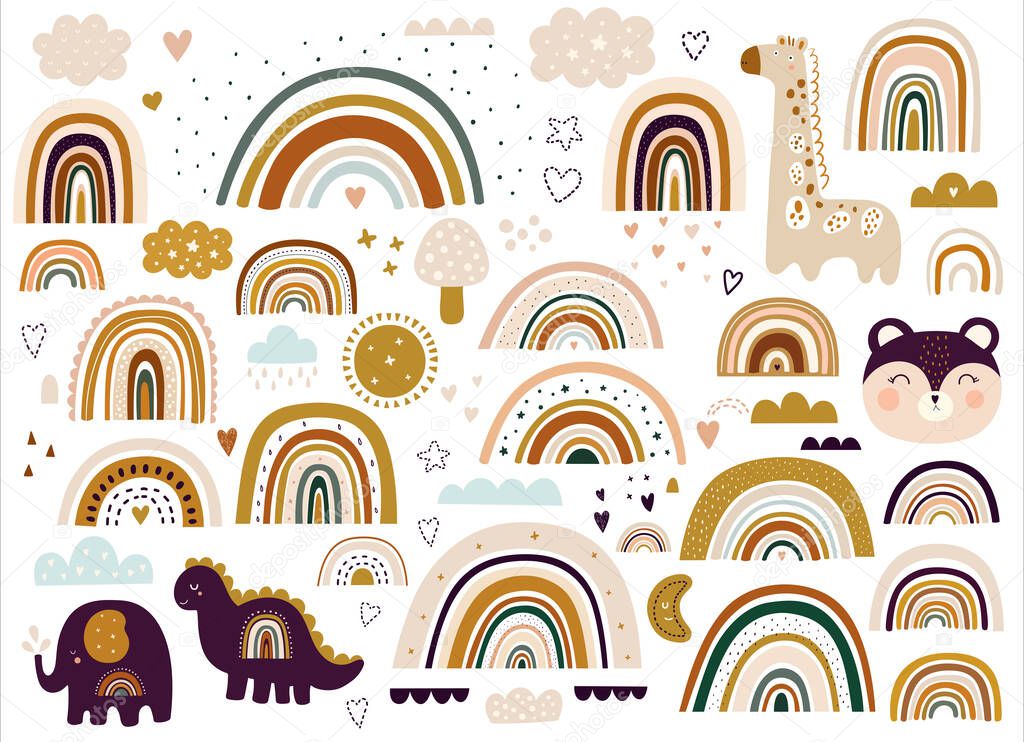 Decorative vector abstract art collection with modern rainbows, funny animals