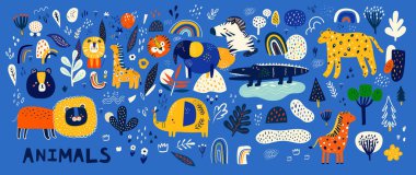 Şirin vektör karikatür hayvanları. Vahşi Afrika Hayvanları