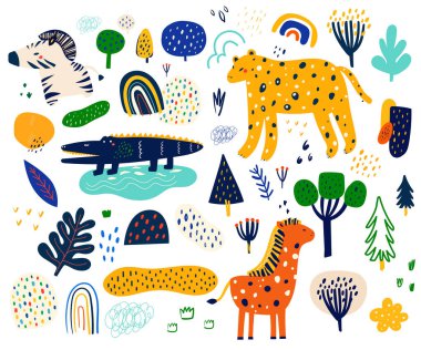 Şirin vektör karikatür hayvanları. Vahşi Afrika Hayvanları