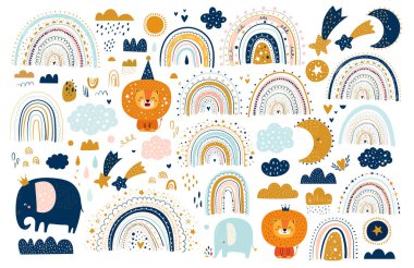 Yavru hayvanlar. Hayvanlar ve gökkuşaklarıyla vektör çizimi. Çocuk odası bebek desenleri çizimi
