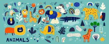 Şirin vektör karikatür hayvanları. Vahşi Afrika Hayvanları