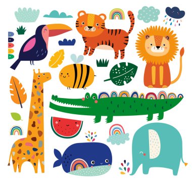 Şirin vektör karikatür hayvanları. Vahşi Afrika Hayvanları