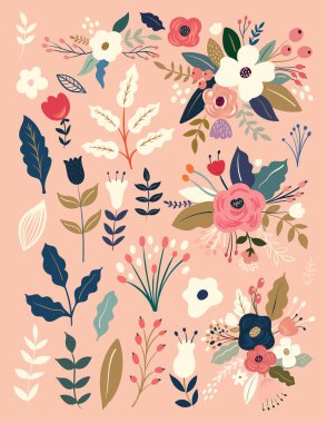 Vektör çiçekli arka plan. Yaz aylarında çiçekler ve yapraklarla