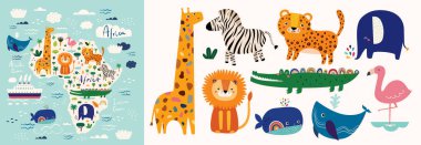 Şirin vektör karikatür hayvanları. Vahşi Afrika Hayvanları