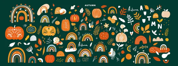 Vektorkollektion Mit Herbstlichen Symbolen Und Elementen Herbstkürbisse Und Regenbogen — Stockvektor