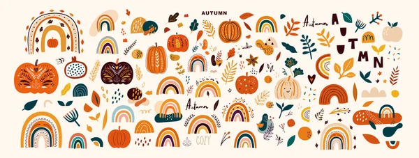 가을의 상징과 원소들로 구성되어 침엽수와 무지개 — 스톡 벡터