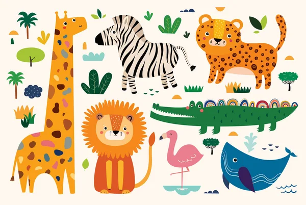 Cute Vector Cartoon Animals Wild African Animals — Stock Vector
