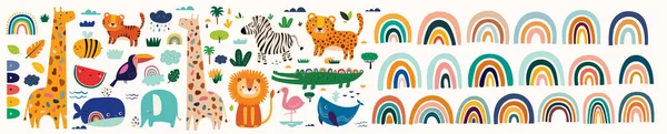 Babydieren Vector Illustratie Met Dieren Regenbogen Kinderkamer Baby Patroon Illustratie — Stockvector