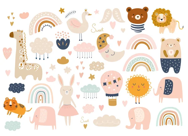 赤ちゃん動物 動物や虹とベクトルイラスト 保育園ベビーパターンイラスト — ストックベクタ