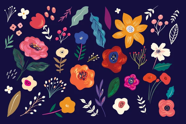 Διάνυσμα Φόντο Λουλουδιών Καλοκαιρινά Φωτεινά Στοιχεία Λουλούδια Και Φύλλα — Διανυσματικό Αρχείο