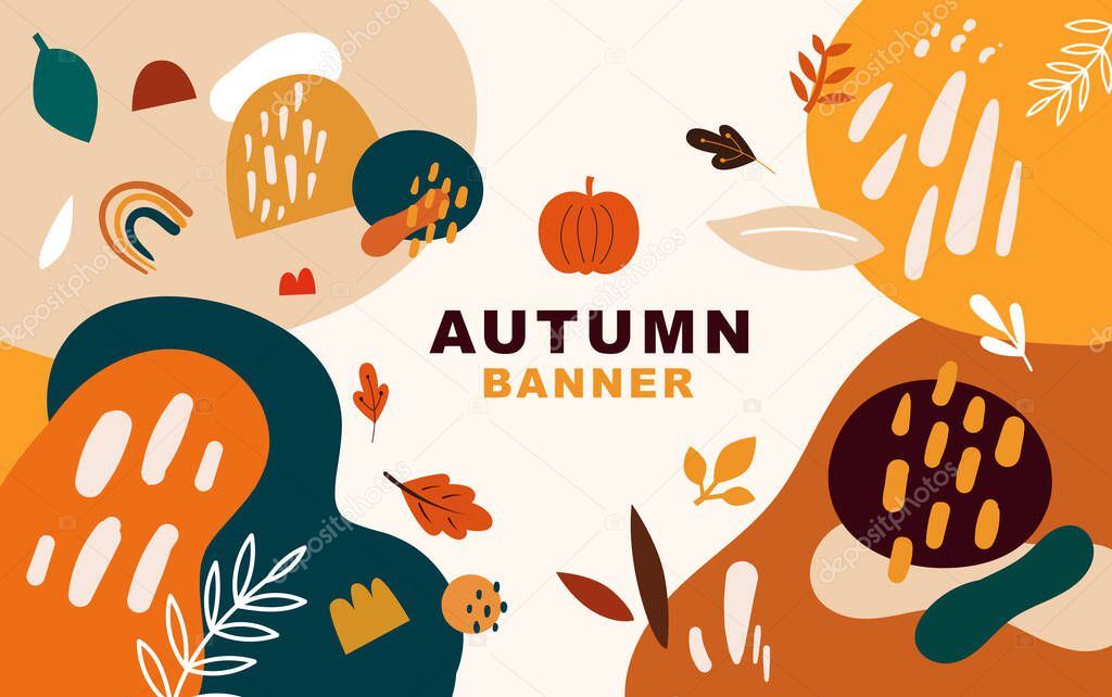 Vector autumn template banner. Autumn background with leaves and abstract shapes. Halloween template