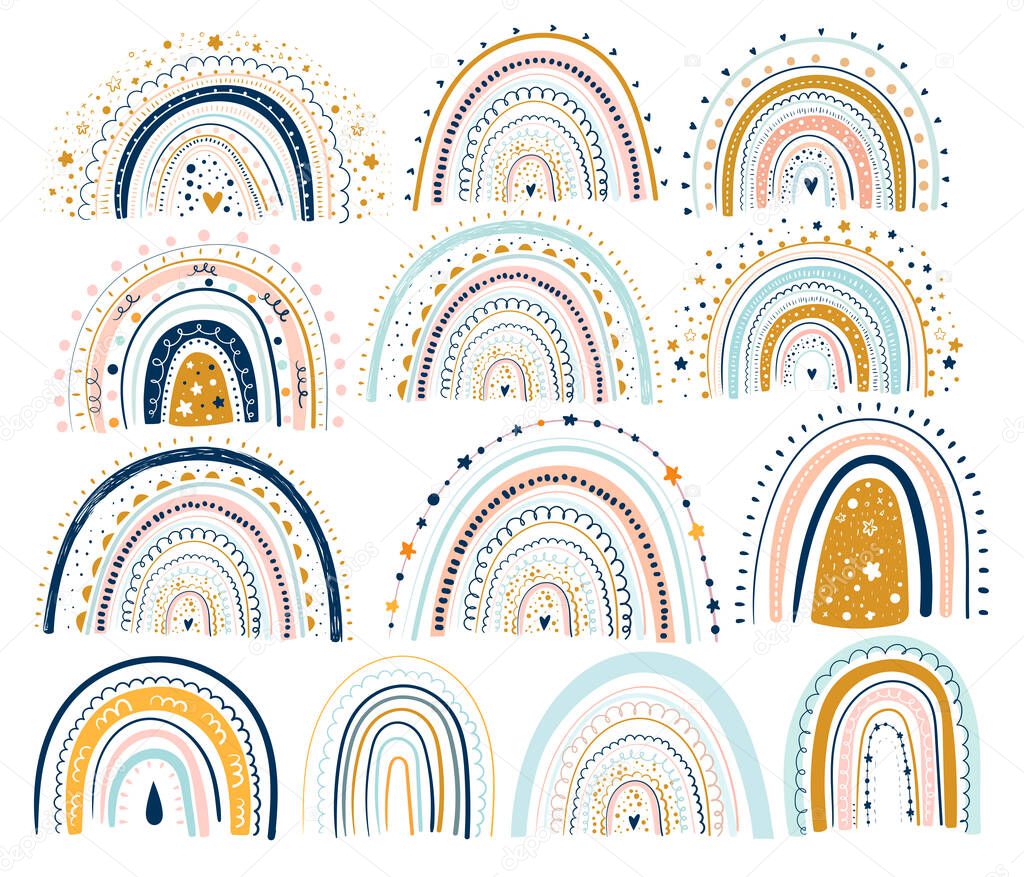 Pastel stylish trendy rainbows vector illustrations