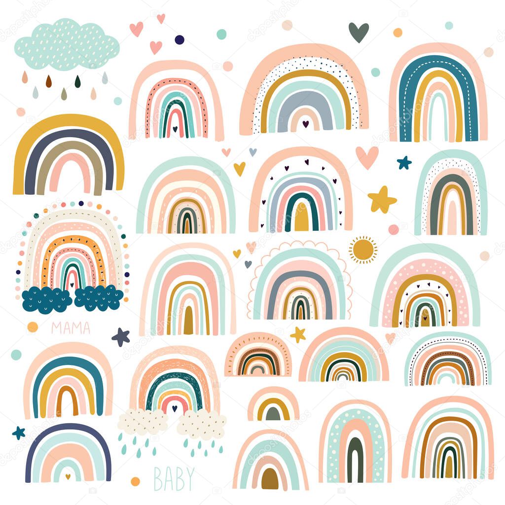 Pastel stylish trendy rainbows vector illustrations