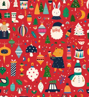 Noel Baba, Noel ağacı, Noel Tavşanı ve Noel oyuncakları ile klasik, kusursuz bir desen.