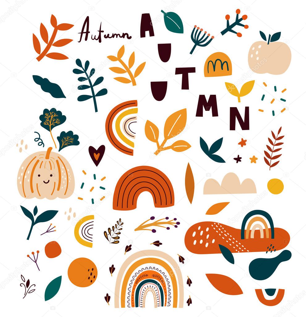 Vector collection with autumn symbols and elements. Autumn pumpkins and Rainbows