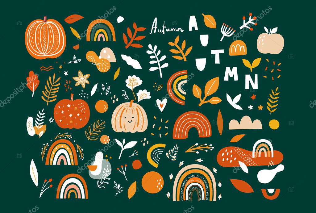 Vector collection of Halloween Pumpkins and Autumn Rainbows. Design for holidays Halloween and Thanksgiving Day