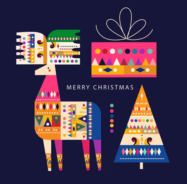 クリスマスツリーやギフトボックスと北欧の民俗スタイルのクリスマスパターン — ストックベクタ