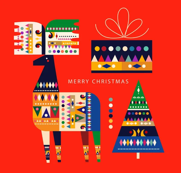 Skandinav Halk Stilinde Noel Desenli Geyikler Noel Ağaçları Hediye Kutuları — Stok Vektör
