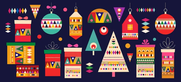 Διάνυσμα Χριστούγεννα Πρότυπο Πανό Σκανδιναβικό Λαϊκό Στυλ Κουτιά Δώρων Χριστουγέννων — Διανυσματικό Αρχείο