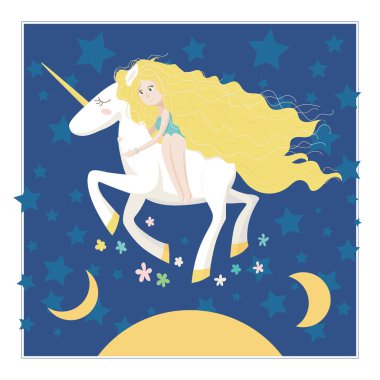 Bahar gökyüzünde tek boynuzlu at ile kız