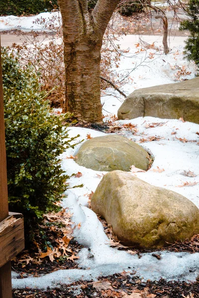 Taşları ver kampüste bir yurt arkasında karda