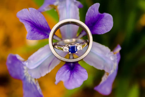 Macro Shot Bride Grooms Rings Purple Flower Rain — Stock Photo, Image