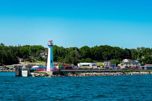 Farol Ignace Porto Filmado Dia Ensolarado Verão Barco Lago Michigan — Fotografia de Stock