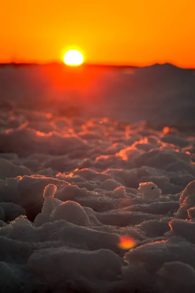 Glace Gelée Long Une Plage Coucher Soleil Petoskey Michigan — Photo