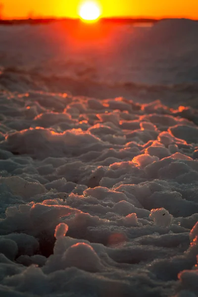 Glace Gelée Long Une Plage Coucher Soleil Petoskey Michigan — Photo