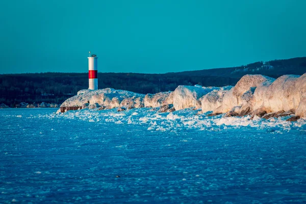 Phare Solitaire Sur Lac Michigan Gelé Petoskey Michigan — Photo