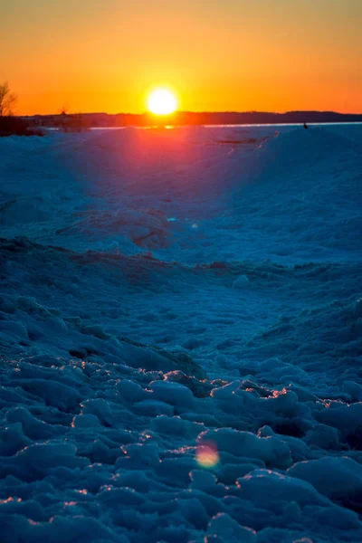 Coucher Soleil Sur Lac Michigan Gelé Petoskey Michigan — Photo