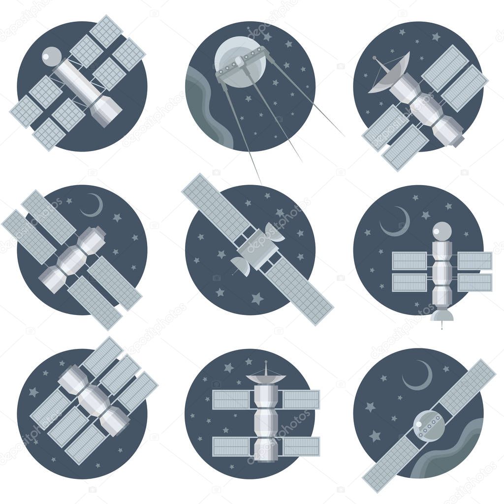 Vector images on the theme of space. Astronauts, astronauts and rockets with stars. Good pictures for the design of decorative works.
