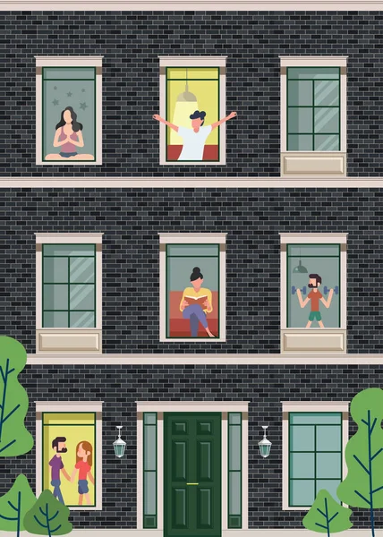 Vektör görüntü, mimari bir öğenin. Cephe dekorasyon çeşitli tasarımlar ve oyun arka planlar için. Windows, kapılar ve ağaçlar gösterir. Vitrin Tasarım için.