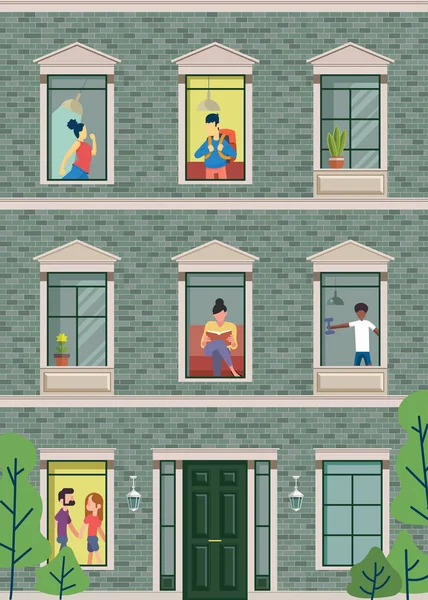 Vektör görüntü, mimari bir öğenin. Cephe dekorasyon çeşitli tasarımlar ve oyun arka planlar için. Windows, kapılar ve ağaçlar gösterir. Vitrin Tasarım için.