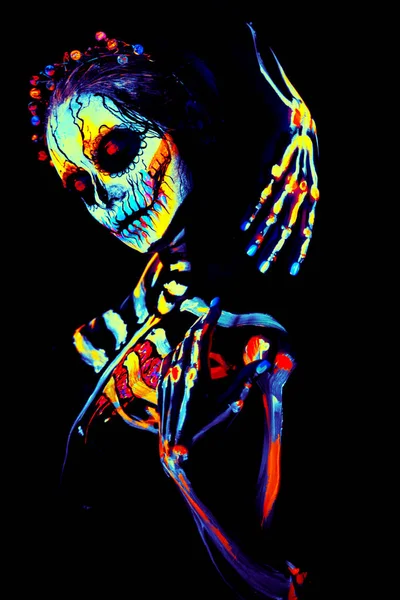 Body Art Painting Helloween Female Skeleton — Stock Photo, Image