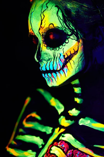 Lichaam Kunst Schilderij Van Helloween Vrouwelijke Skelet — Stockfoto