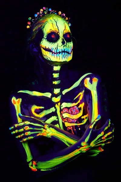 Body Art Malarstwo Helloween Żeński Szkielet — Zdjęcie stockowe