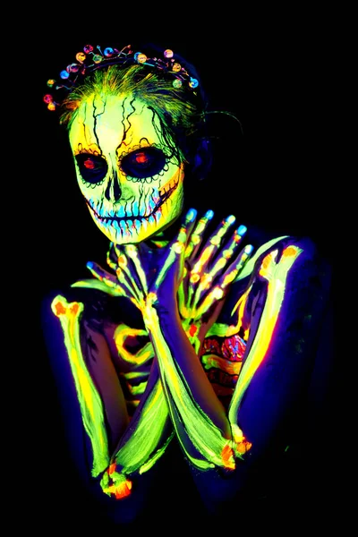 Художній Розпис Ультрафіолетового Тіла Хеллоуїна Жіночий Скелет — стокове фото