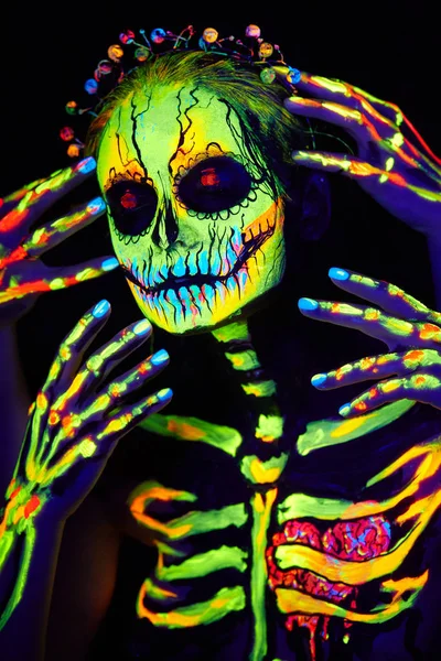 Body Art Malarstwo Helloween Żeński Szkielet — Zdjęcie stockowe