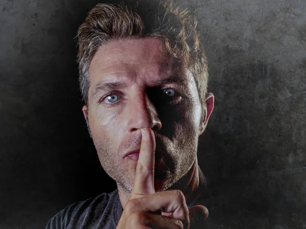 Close Studio Portrait Young 30S Man Finger His Lips Silence — Fotografia de Stock