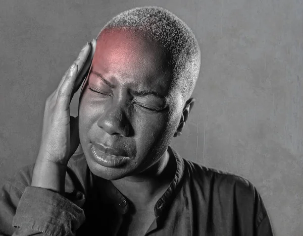 Young Attractive Sad Black Afro American Woman Fingers Her Head — Stock Photo, Image