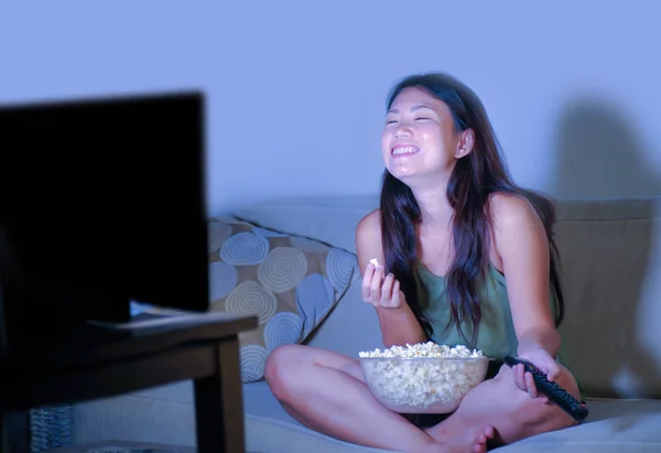 Young Pretty Happy Asian Korean Woman Sitting Living Room Sofa — Stock Photo, Image