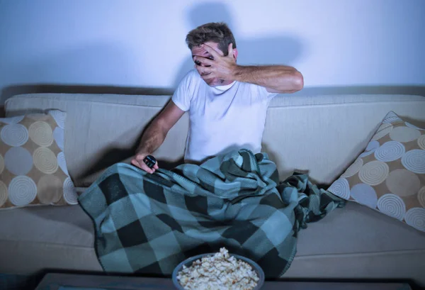 Lifestyle Portrait Attractive Scared Nervous Man Watching Suspense Horror Movie — Stock Photo, Image