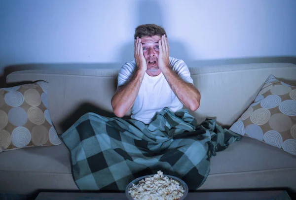 Lifestyle Portrait Attractive Scared Nervous Man Watching Suspense Horror Movie — Stock Photo, Image