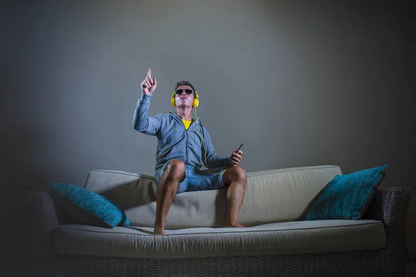 Young Attractive Cool Happy Man Listening Techno Music Yellow Headphones — Stock Photo, Image