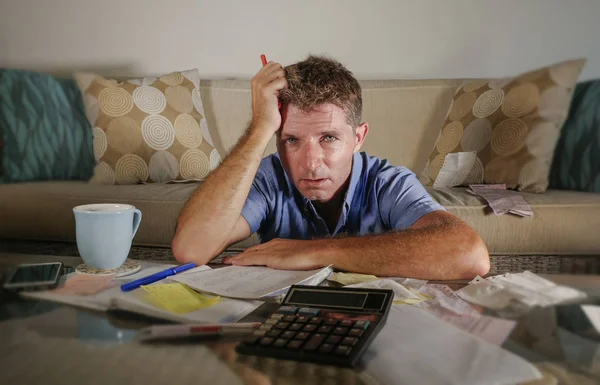 Young Attractive Worried Stressed Man Home Calculating Month Tax Expenses — Stock Photo, Image